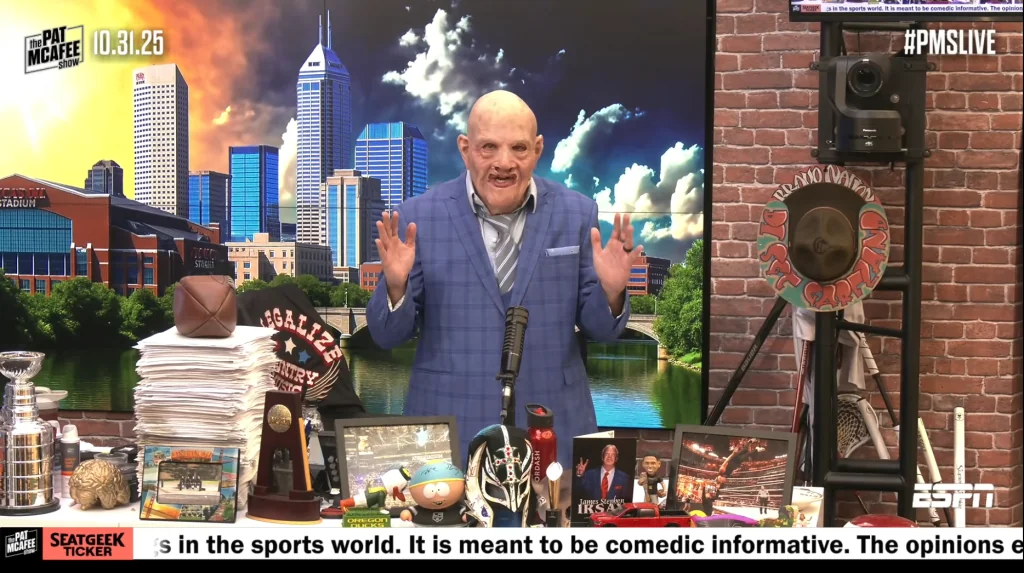 Pat McAfee goes all out in old sports media man co 20251101 153353